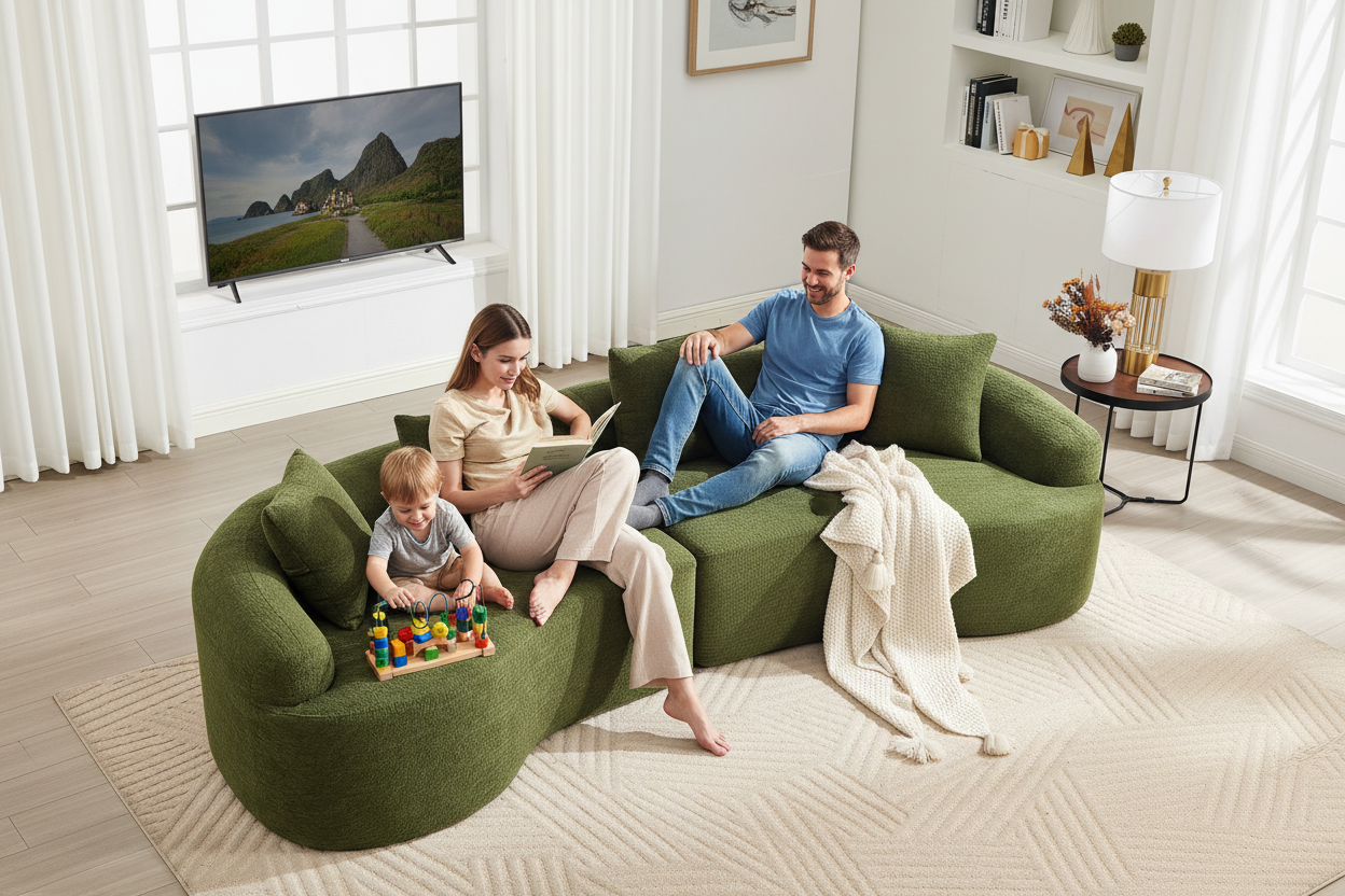Family relaxing on curved green chenille sectional sofa