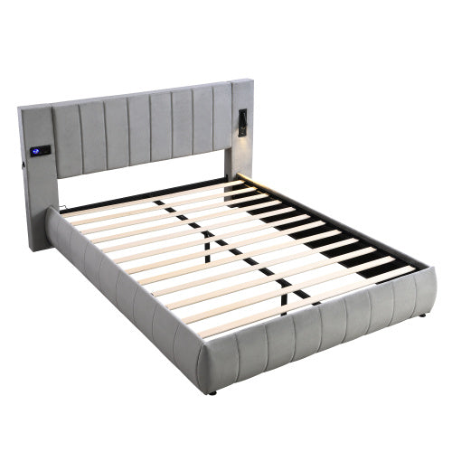 Grey Velvet King Bed with Stereo, LED Lights & USB Charging - 150x200cm
