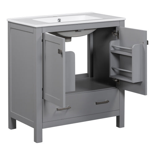 30" Gray Bathroom Vanity with Single Sink - Combo Cabinet with Soft-Close Doors