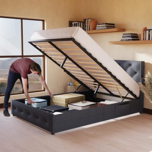 Queen Bed Frame with Lift-Up Storage - Modern Wingback Headboard with USB Ports