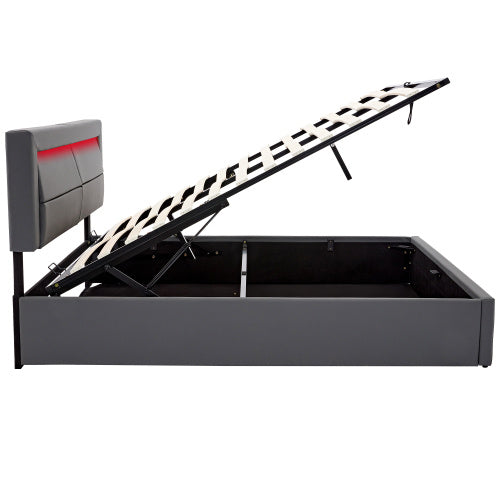 King Bed Frame with Wireless Charging, LED Lights & Storage - Grey PU Leather