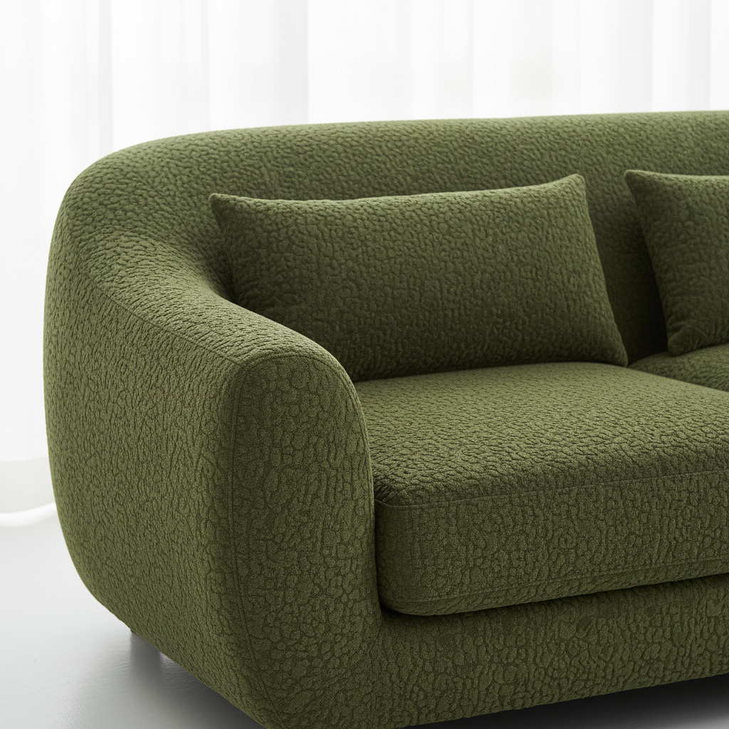 Green chenille sofa fabric close-up