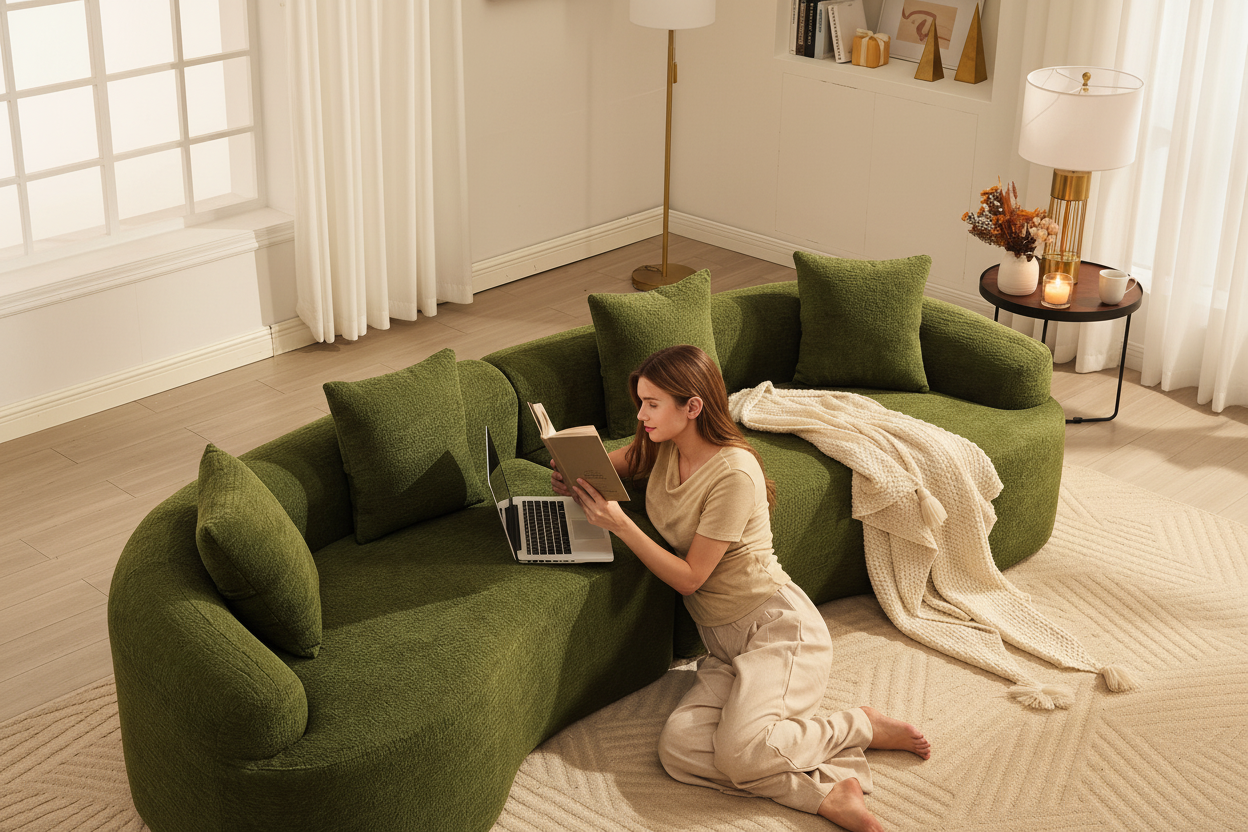 Green chenille sofa in cosy evening apartment