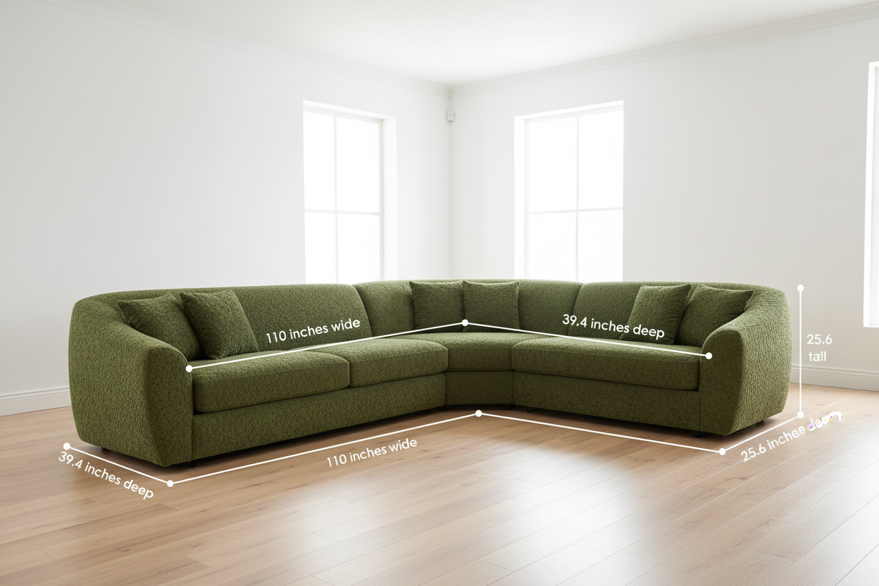Green chenille sofa with dimension annotations