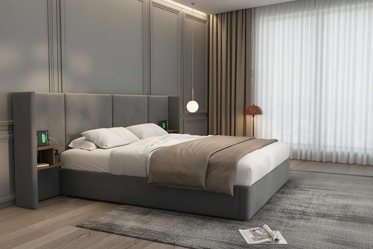 Grey Velvet Bed - Side Profile with Curtain Background