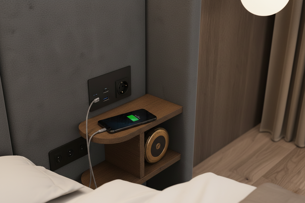 Grey Velvet Bed - USB Charging Detail