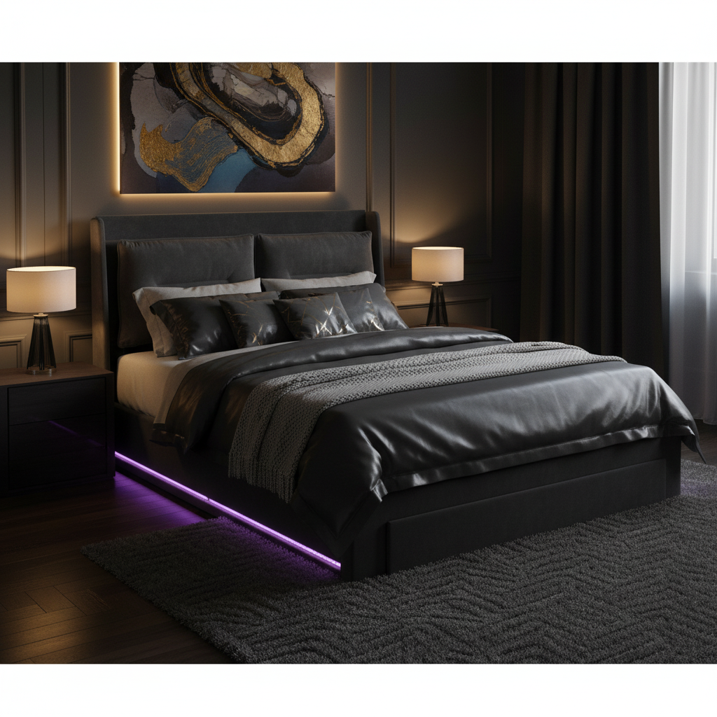 Dark grey velvet king size bed fully dressed with luxury bedding and ambient LED lighting