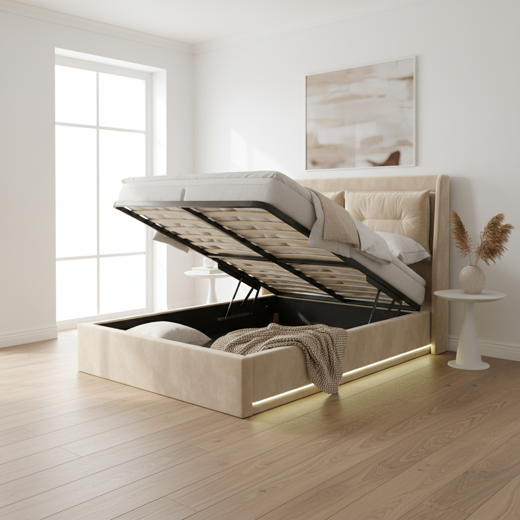 Beige velvet king size bed with hydraulic lift open showing storage in a Scandinavian bedroom