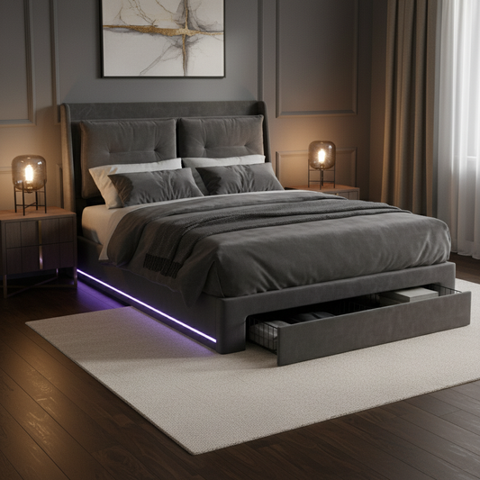Dark grey velvet king size bed with LED lighting in a moody luxury bedroom setting