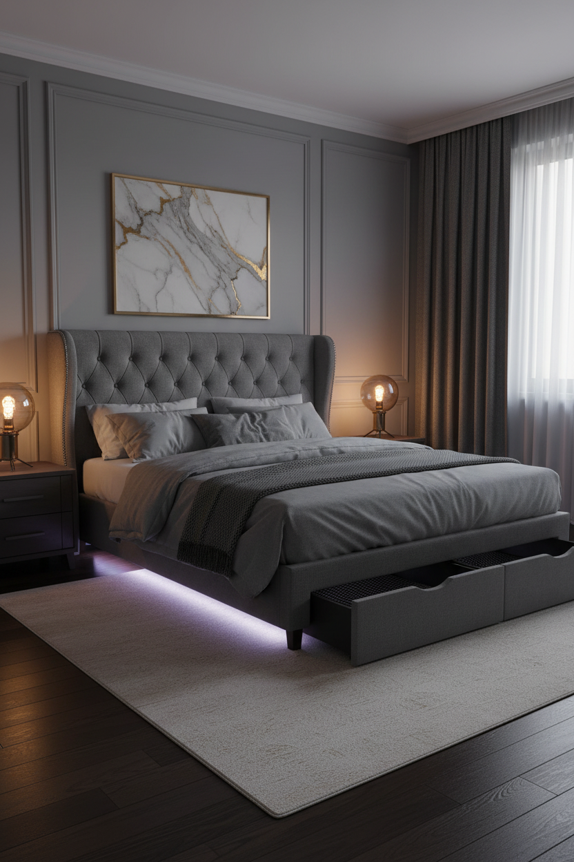 Modern bedroom with a gray upholstered bed and LED lighting
