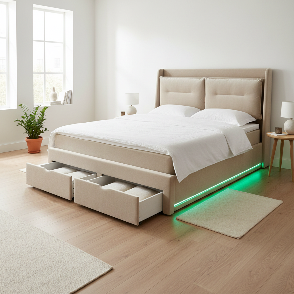 Beige velvet king size bed with storage drawers open in a bright Scandinavian bedroom setting