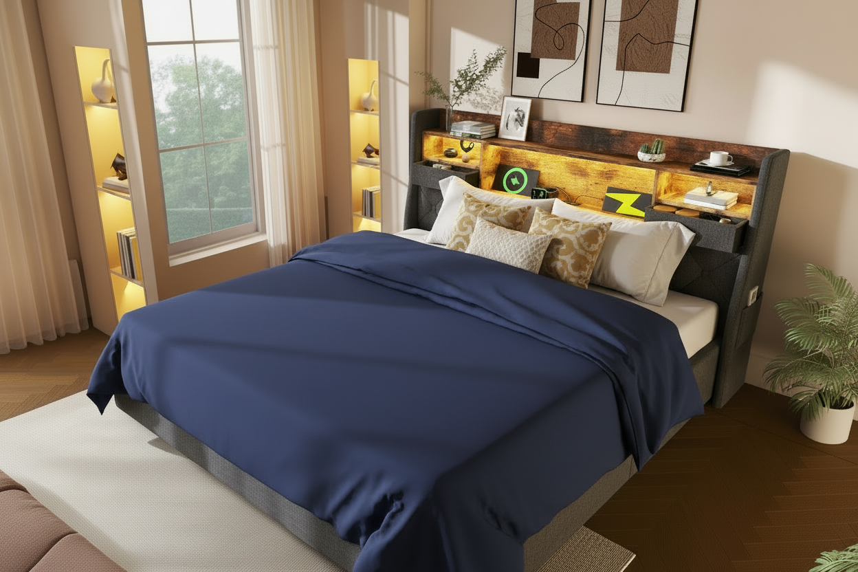 Navy duvet - made bed